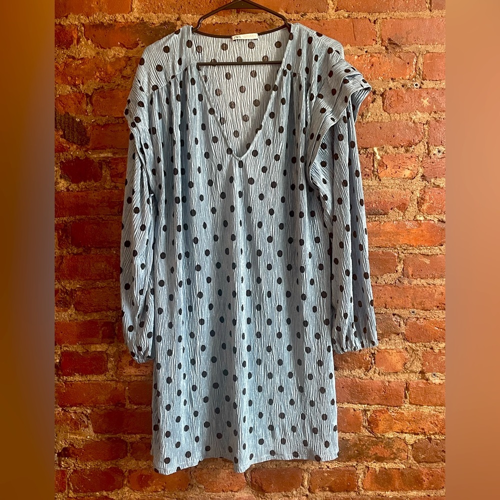 Blue and black polka dot long sleeve dress